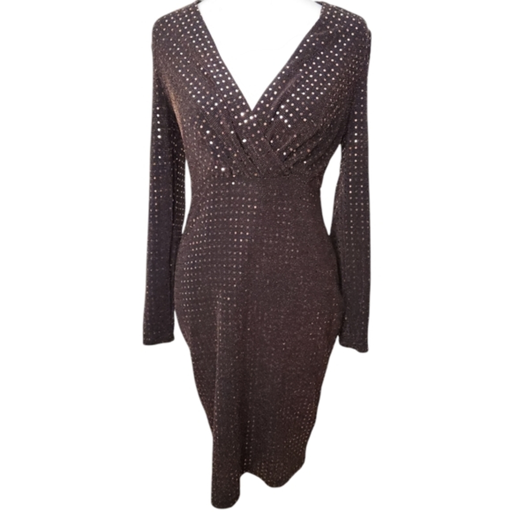 Calvin Klein Bronze V-Neck Sequin Sheath Body Con Dress Size 2